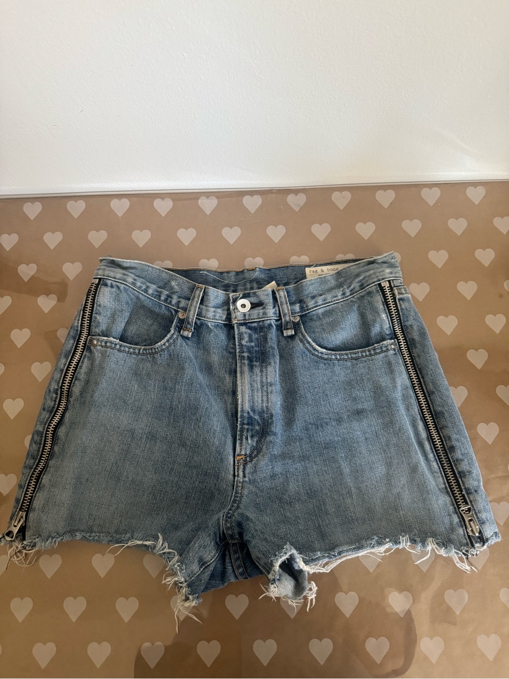rag & bone Light Blue Distressed Denim Shorts with Side Zippers
